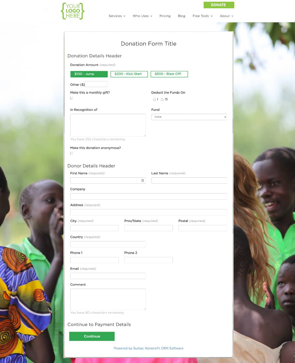 Donation webpage website donation page sumac