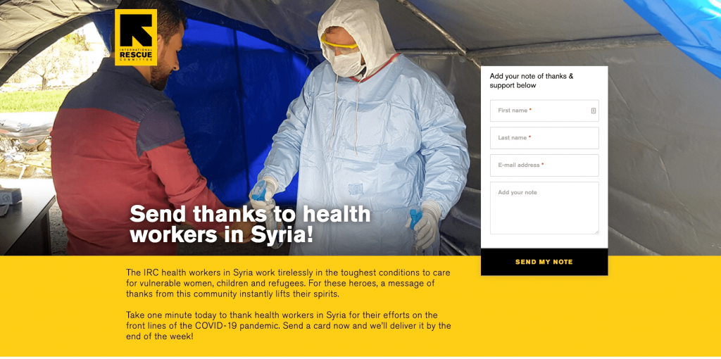 online fundraising ideas email campaign send thanks to health worker Syria
